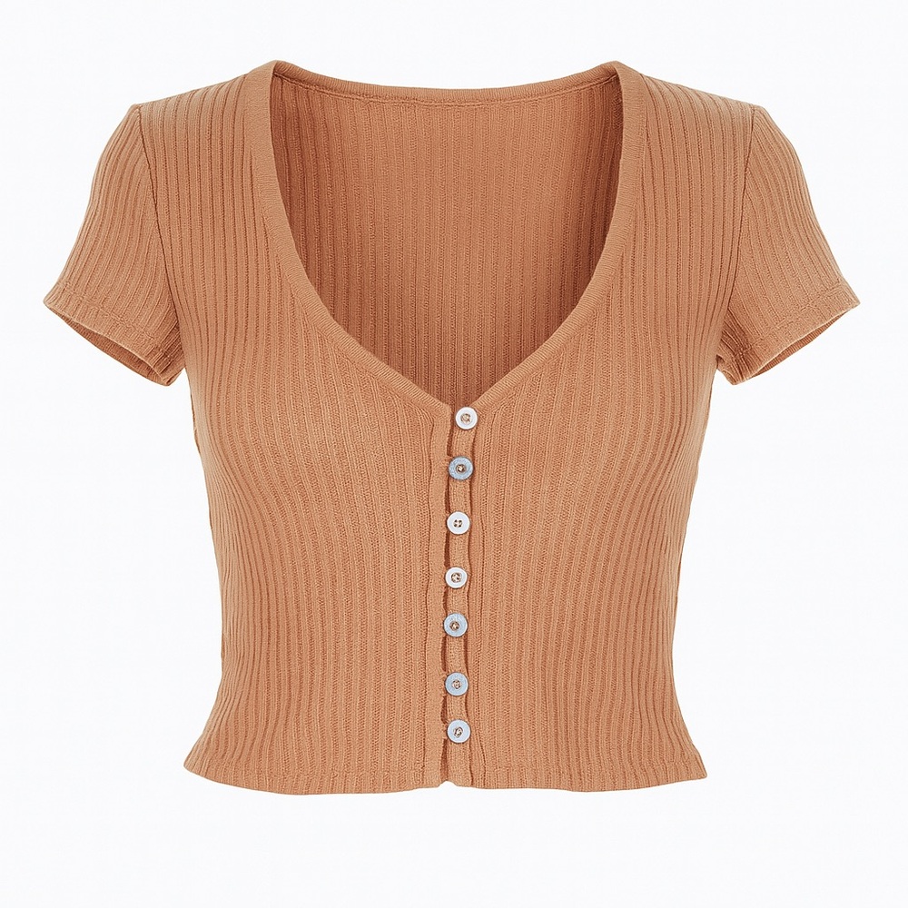 Reformation Nella Knit Button-Front Crop Top – Camel Brown (RARE color)
